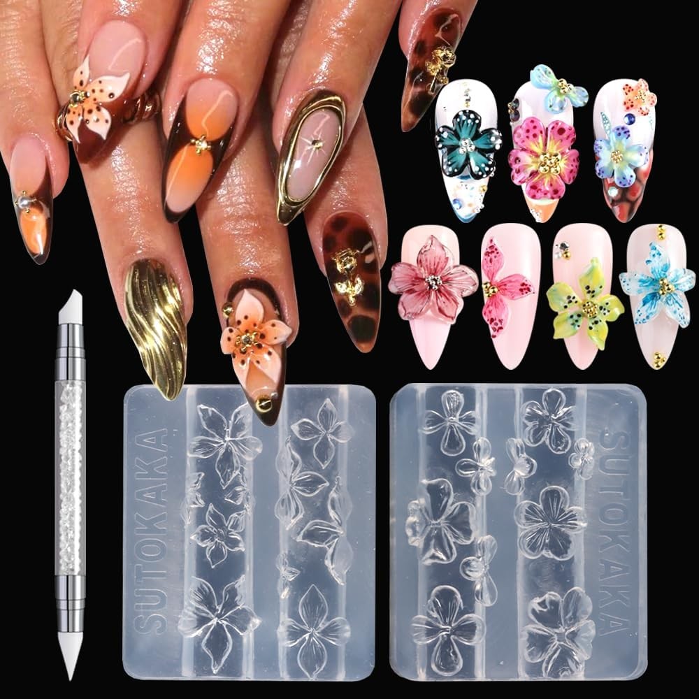 2PCS 3D Flowers Nail Art Silicone Mold, Spring Summer Hibiscus Flowers Blossom