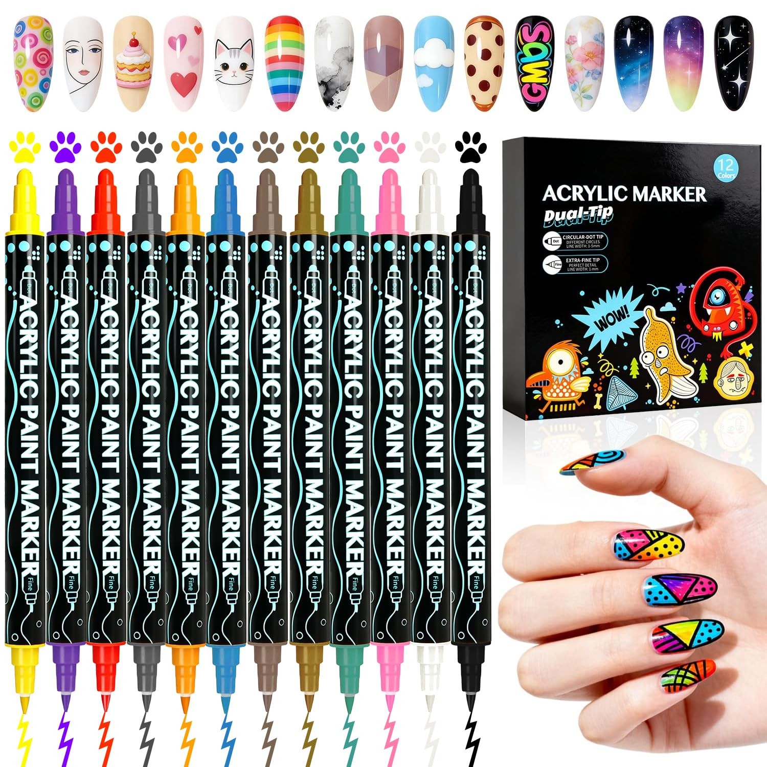 Nail Art Pens Set,12 Colors Double-Ended Nail Polish Markers Pens for 3D Nail…