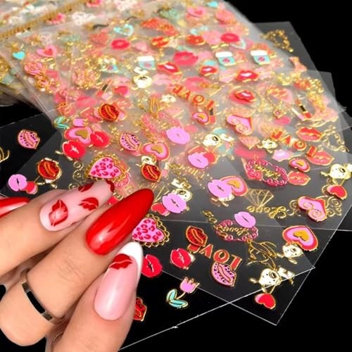 30 Sheets Valentine’s Day Nail Art Stickers 3D Self-Adhesive Red Heart Style-3