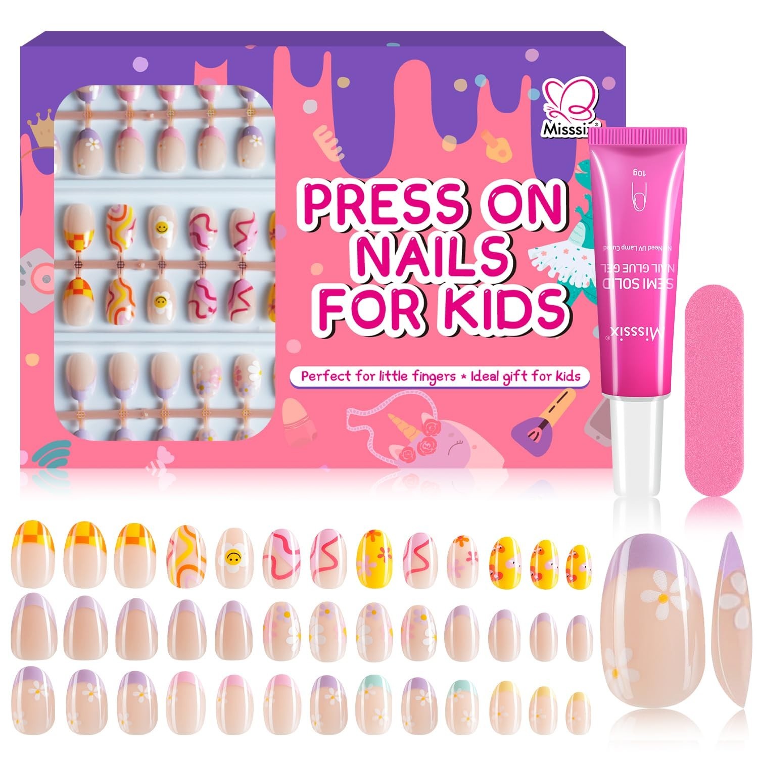 78 Pcs Press on Nails for Kids, 3 Pack Kid Fake Nail Kit Cute Press on Nails, St