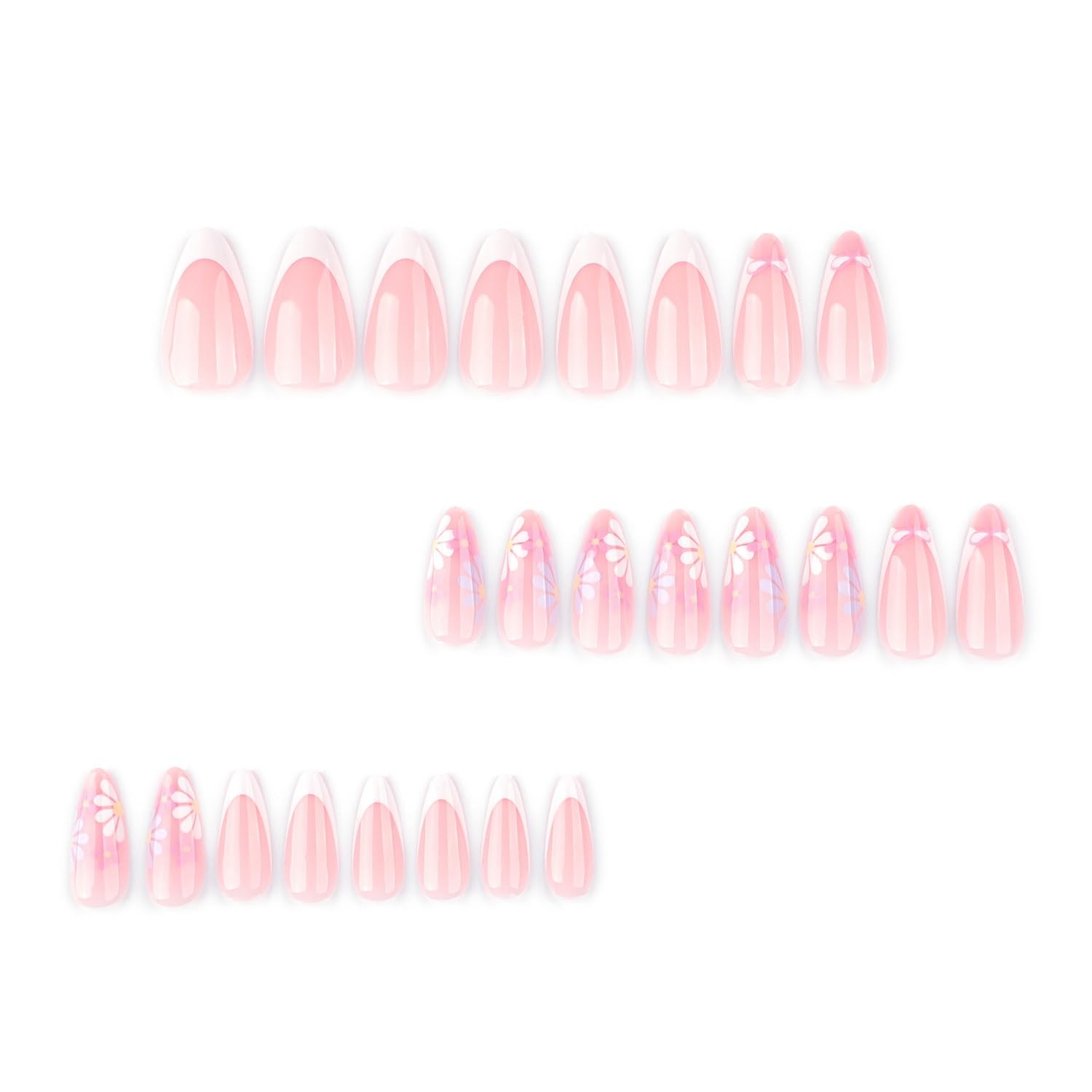 Summer French Tip Press On Nails Flower Design Almond Medium Glossy Fake Nails