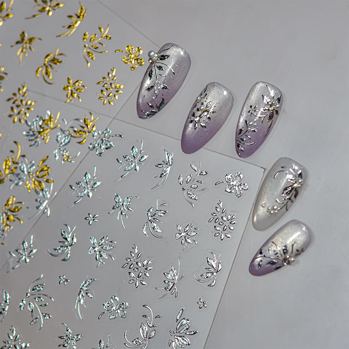Gold Silver Flower Leaf Nail Art Stickers 2 Sheets Self-Adhesive Metallic Nai…