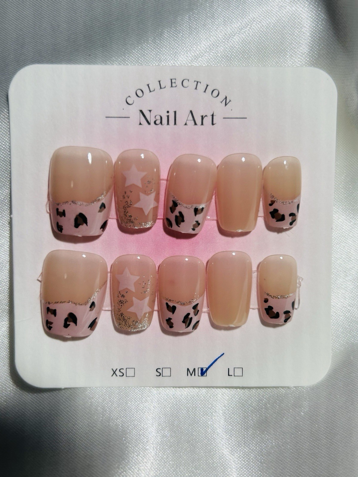 Shiny Pink Nude Black Leopard Star Press-On Nails Square Medium Pre-Designed