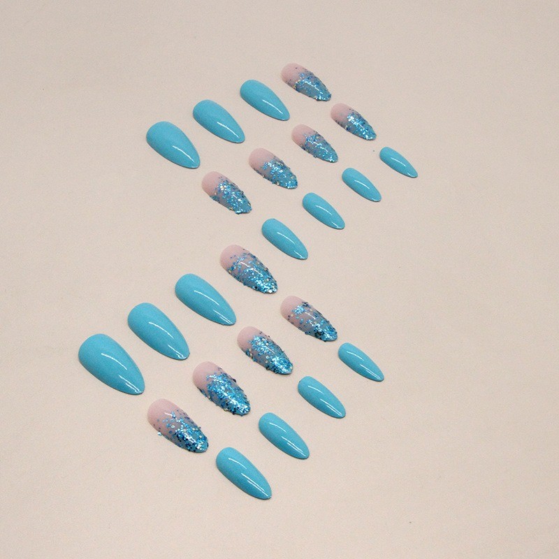 72pcs-Summer Vibe Press on Nails, Almond with Turquoise and Sparkly Glitter