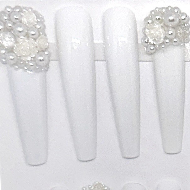 Handmade Custom Press on Nails 2X Long Coffin Wedding White Pearls & Roses Nails