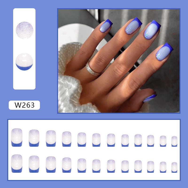 48P Short Square Press on Nails, Royal Blue French Holographic Fake Nails