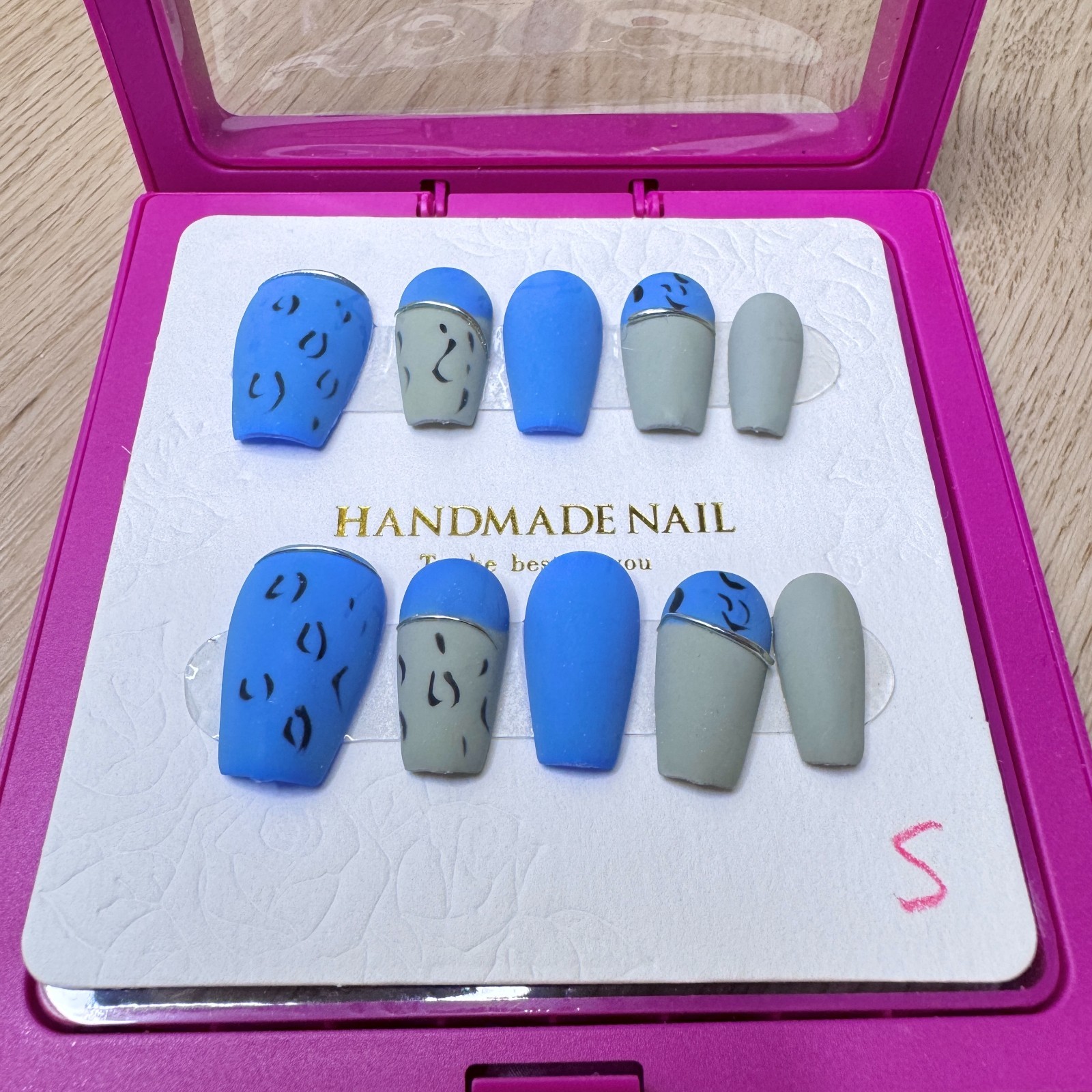 Handmade Hard Gel Press on Nail Art Kit Sz S Blue Gold Matte Square Medium