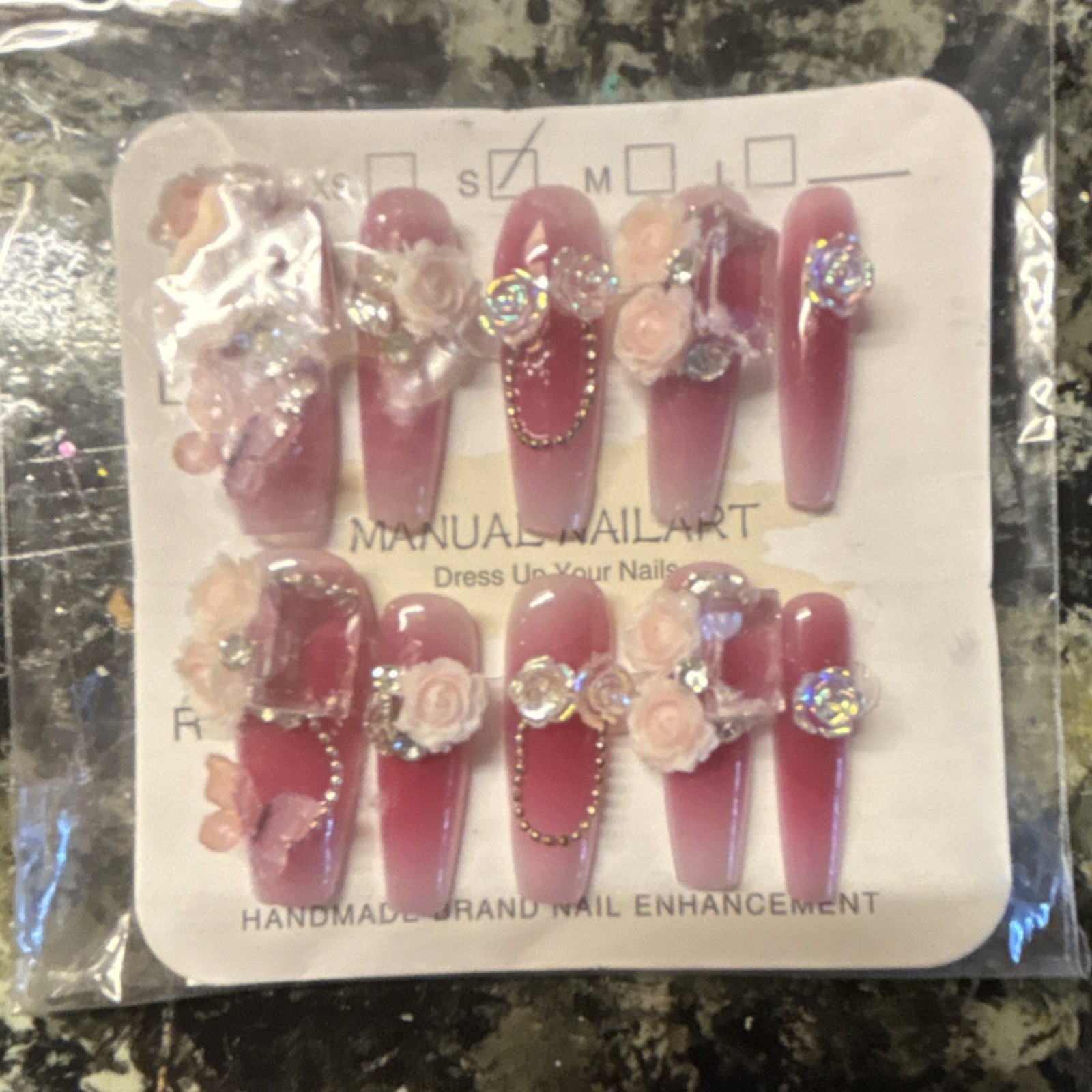 Manual Nailart Pink White 3D Shiny Long Coffin Flower Butterfly Press-On Nails