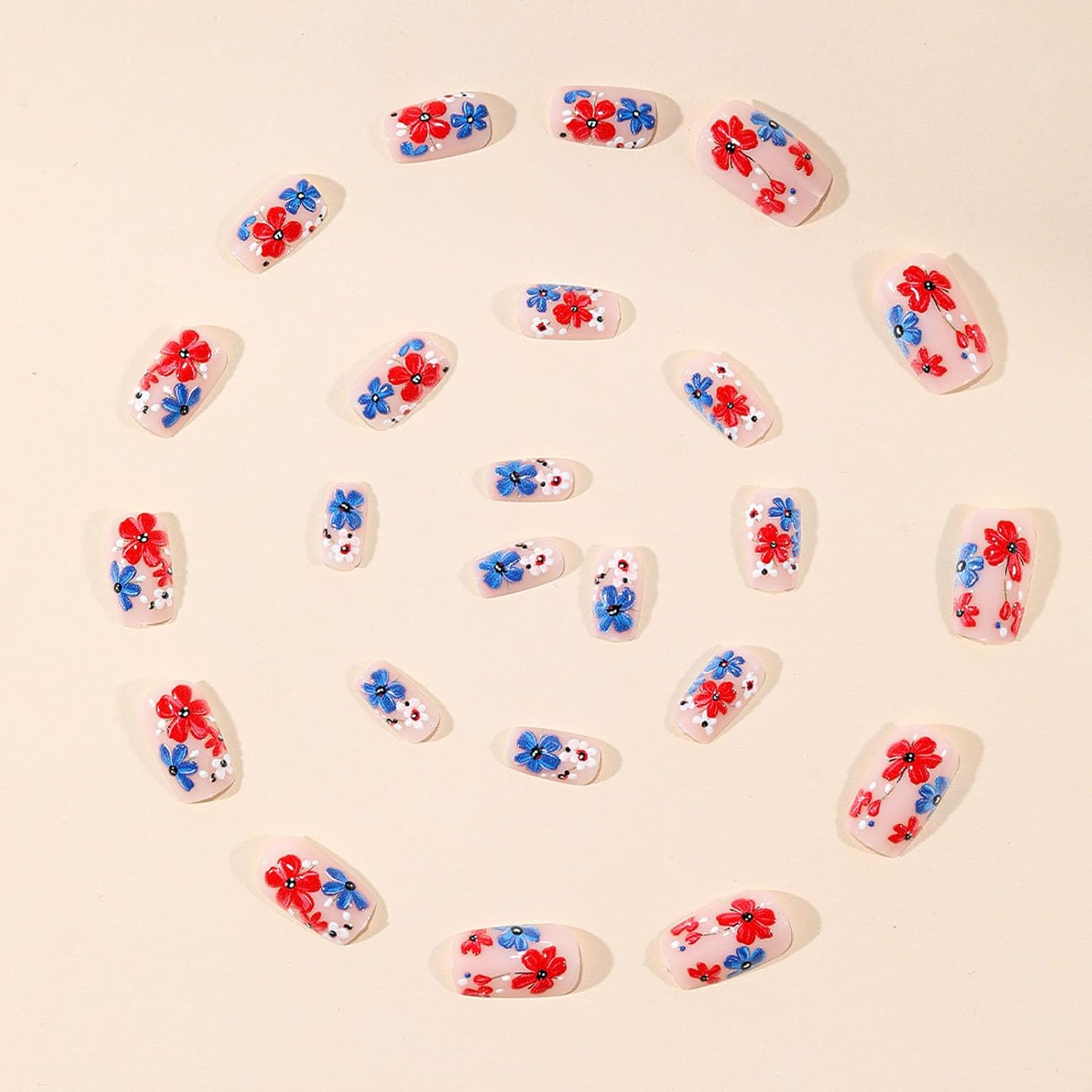 4Th of July Press on Nails Medium Square Fake Nails with Blue Red White Flower D