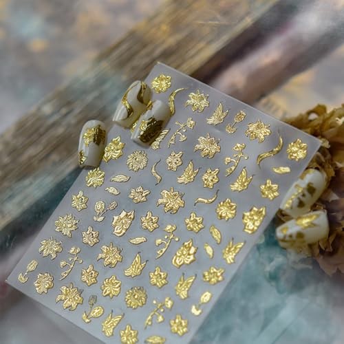 1Pcs Gold Nail Art Stickers 5D Metallic Floral Leaf Nails Fall Nails Stickers-4