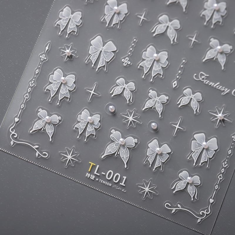 1 Sheet Lace Pearl Bow Nail Art Sticker 5D Embossed White Lace Pearl Bow Nail St