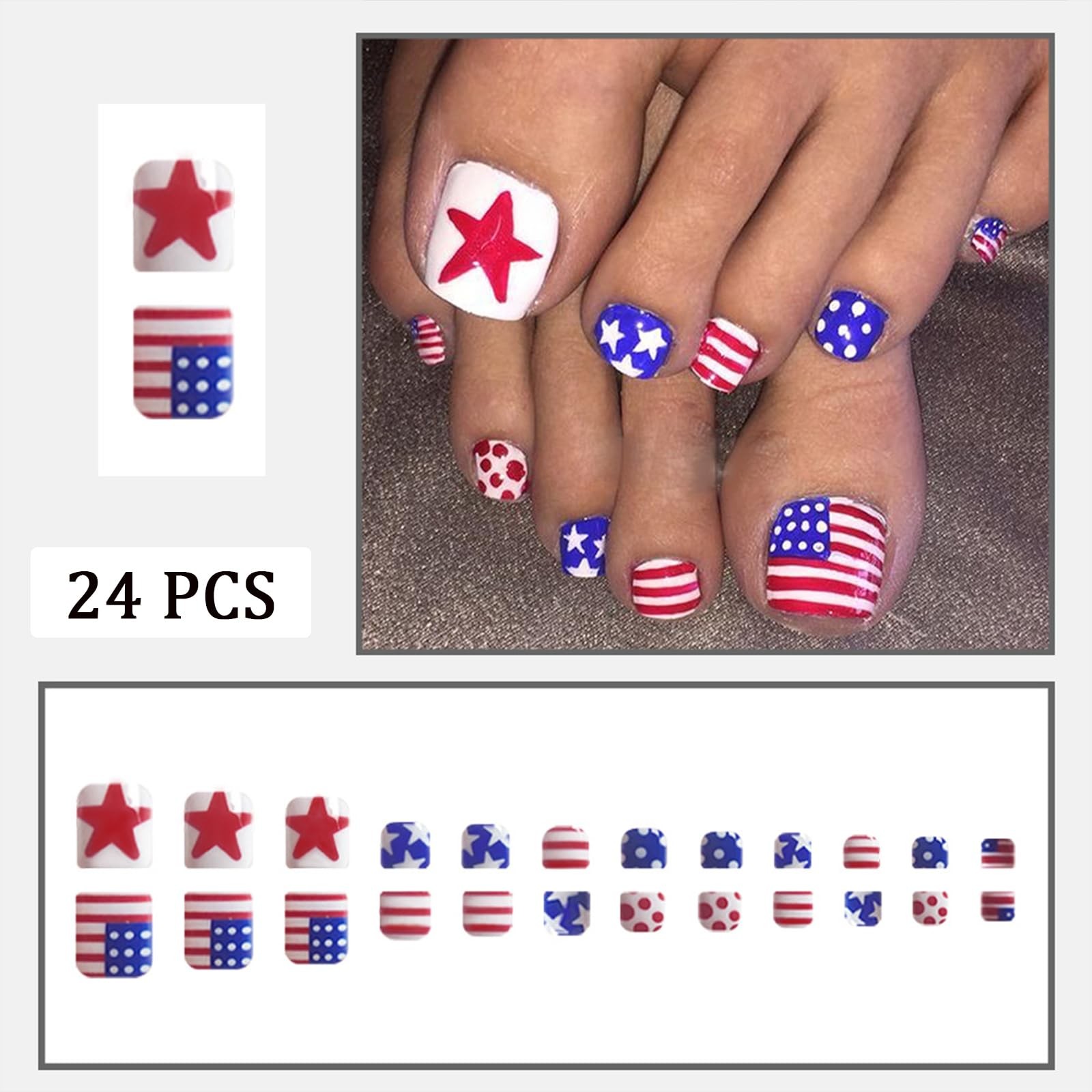 July 4th Press-On Toenails Short Square False Toenails Glossy Red Blue and Wh…