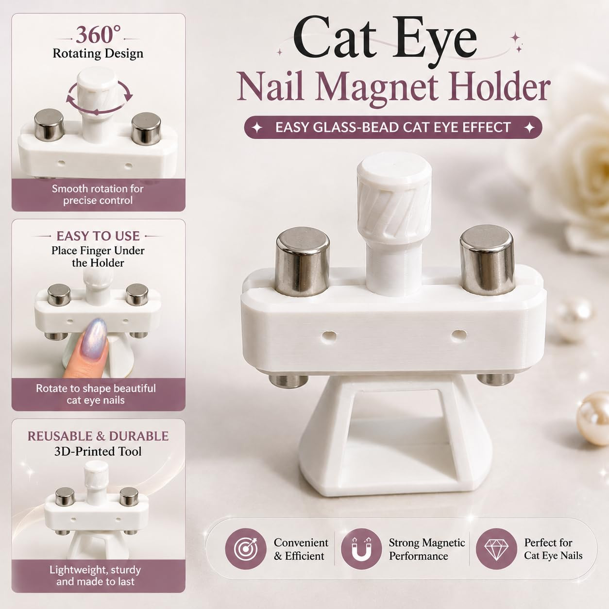Automatic Cat Eye Magnet for Nails, Cat Eye Nail Magnet Holder with 2 Magnets, 3