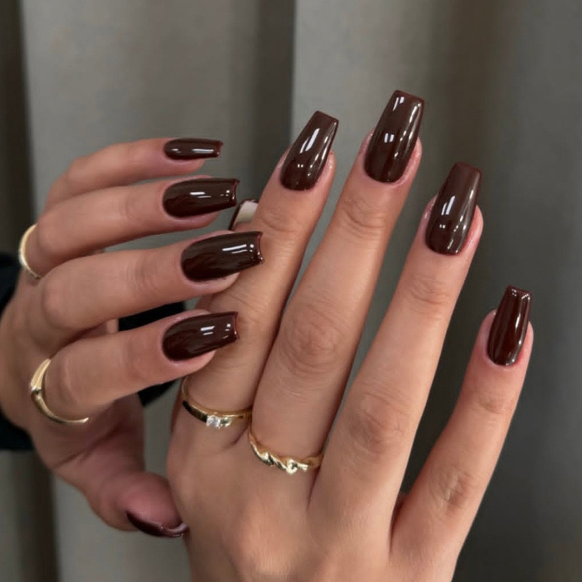 48pcs-Fall Season Brown Press On Nails, Medium Coffin Glossy Solid Acrylic Nails