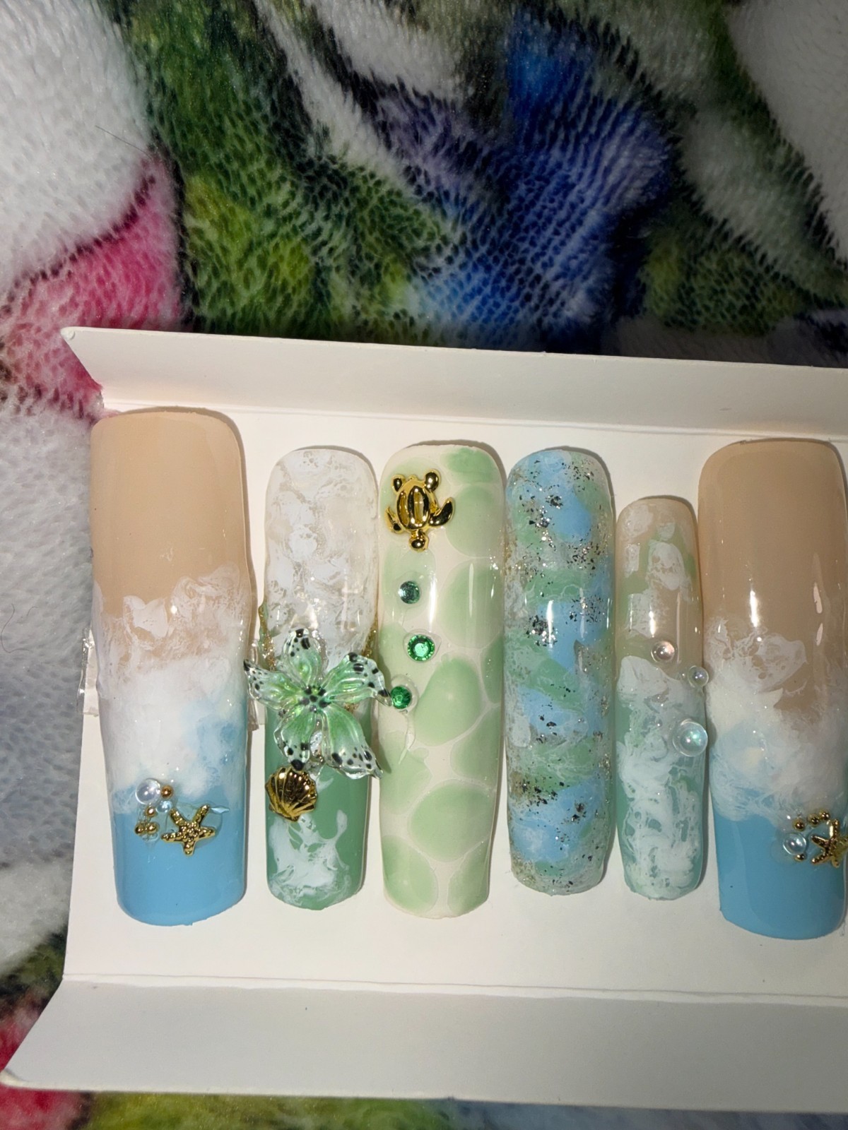 hand painted press on nails Ocean sea turtle theme