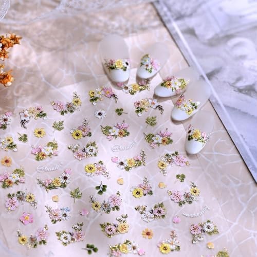 Flower Nail Stickers Colorful Pink Yellow Gold Nail Decals Floral Daisy Style29