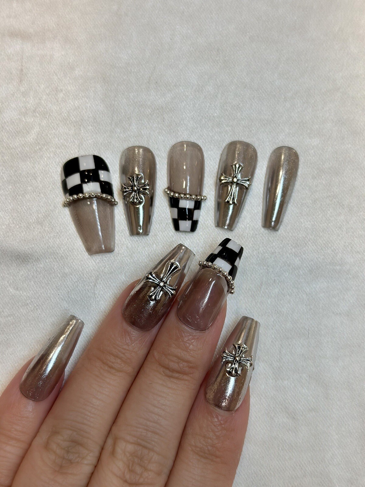 “Cross-Check For Landing” Beautiful Press On Nails – Handmade – Long RRP $35
