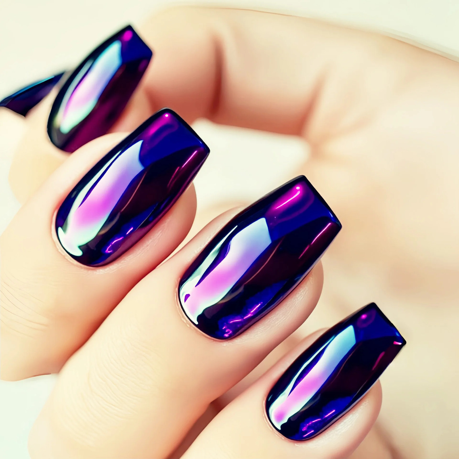 Purple Blue Pink Electric Plated Press On Nails Short Medium Glossy Square Fake