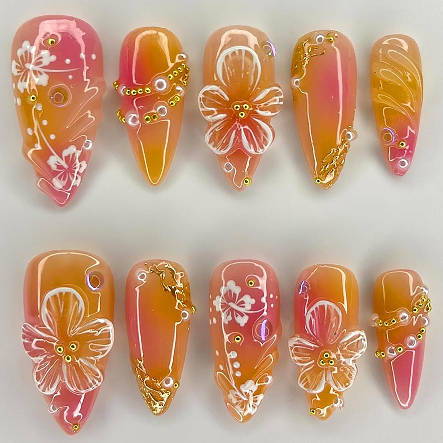 24Pcs Flower Press on Nails Medium Almond Fake Nails 3D Floral with Gold Pearl R