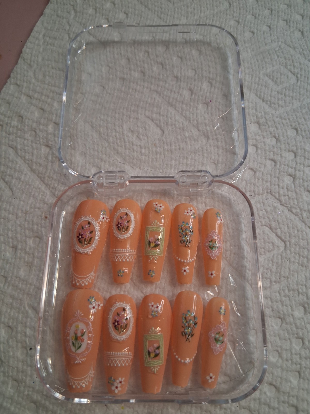 Fantasy Nails Orange Coffin Press-On Nails Set Floral Poli-Gel Pre-Designed