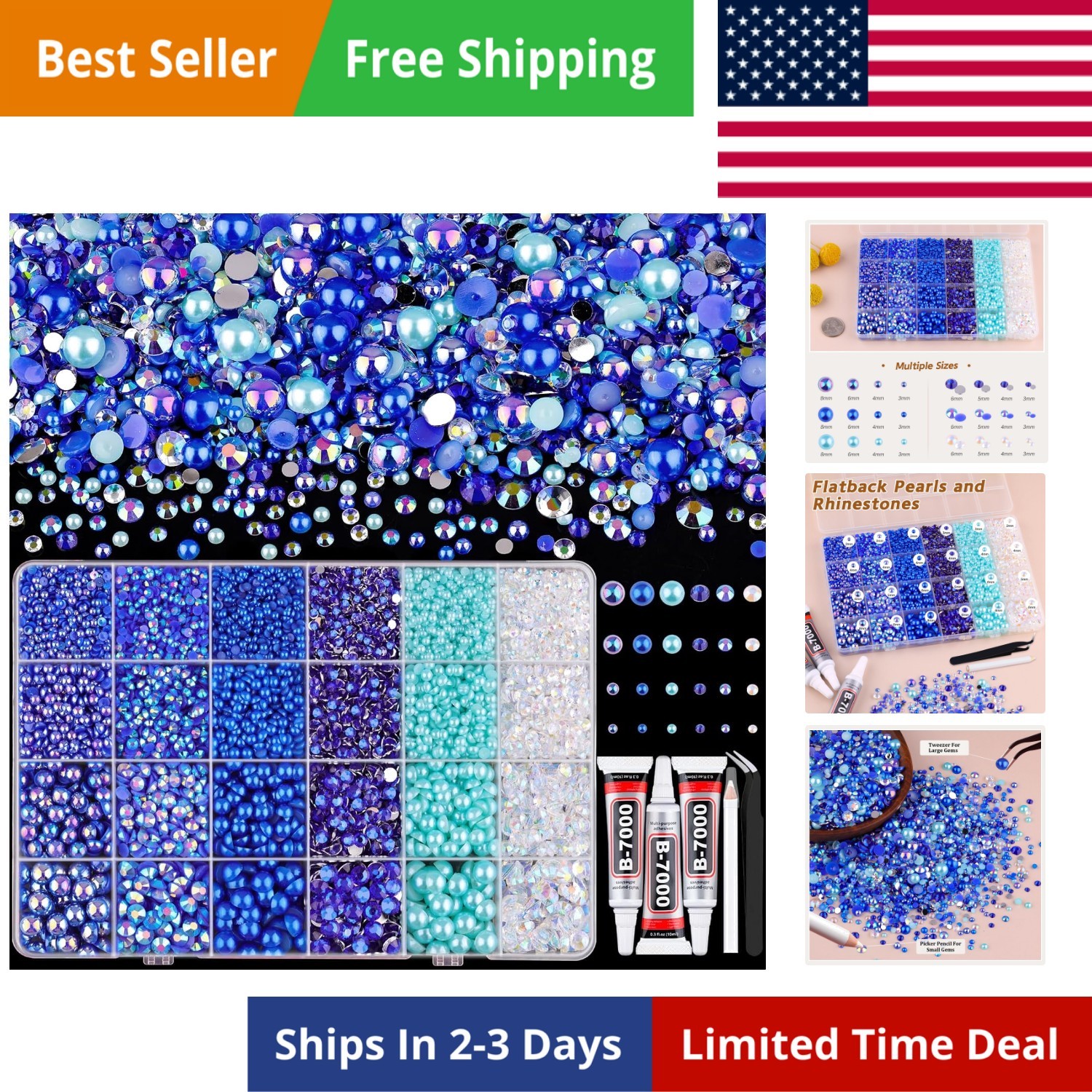 14000PCS Flatback Pearls and Blue Rhinestones for Bedazzling Kit, Dark Blue 3…
