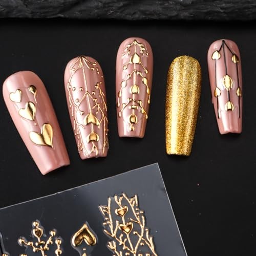 6 Sheets Nail Stickers 3D Nail Decals Bronzing Heart Metallic Love Leaf Gold