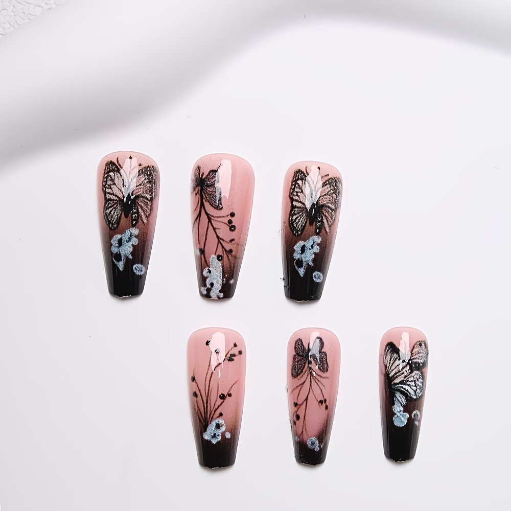 Pack of 24 Ballet-Shaped Press-On Nails Butterfly Design
