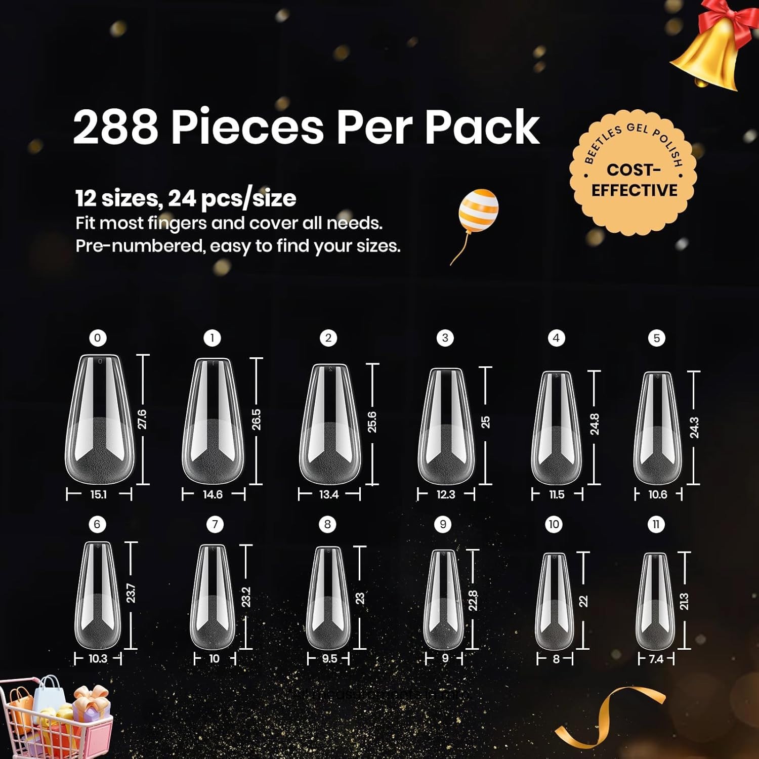 Beetles Medium and Short Coffin Gel Nail Tips Pre Etched 12 Sizes 576Pcs Kit