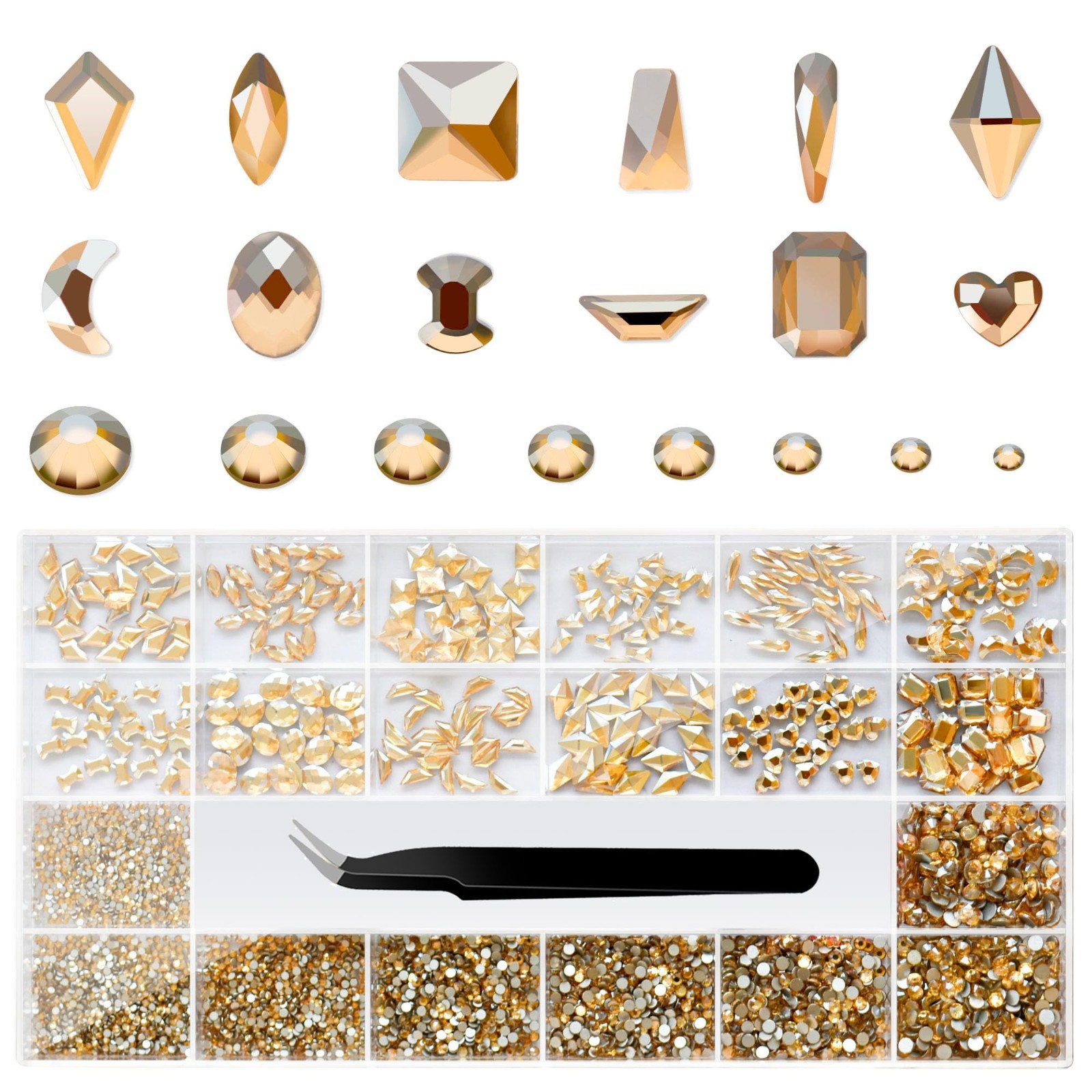 Champagne Gold Nail Rhinestones Set – Multi Shapes & Sizes, Flatback Charms, Twe