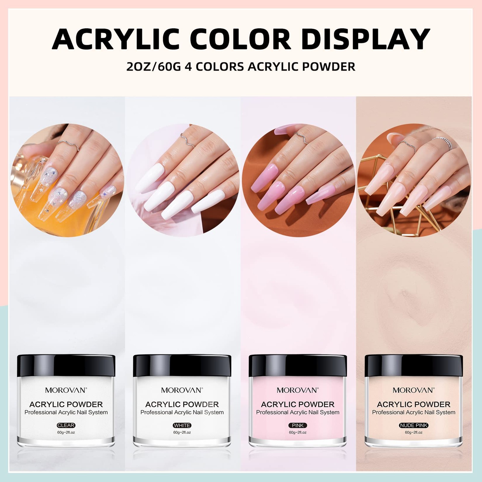 Morovan 4 Color Acrylic Powder Set for Nail Art Clear Pink Nude White 60g