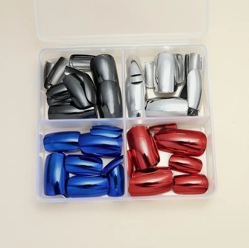 Chrome Red Silver Blue Dark Gray Medium Square Glue On Fingernails 4 Sets