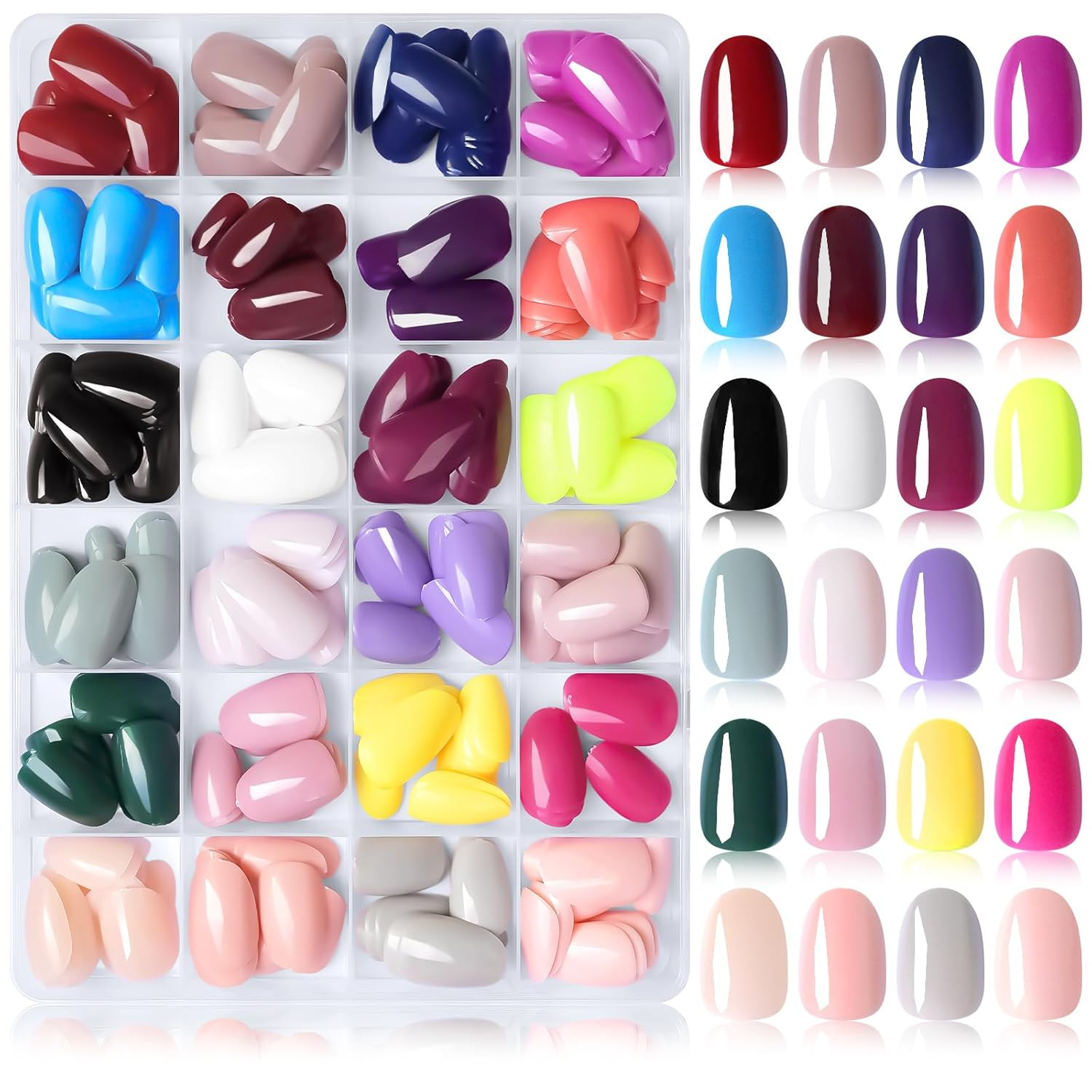 576Pcs Short Oval Press on Nails Kit, 24 Colors Glossy Fake Nails with Glue and