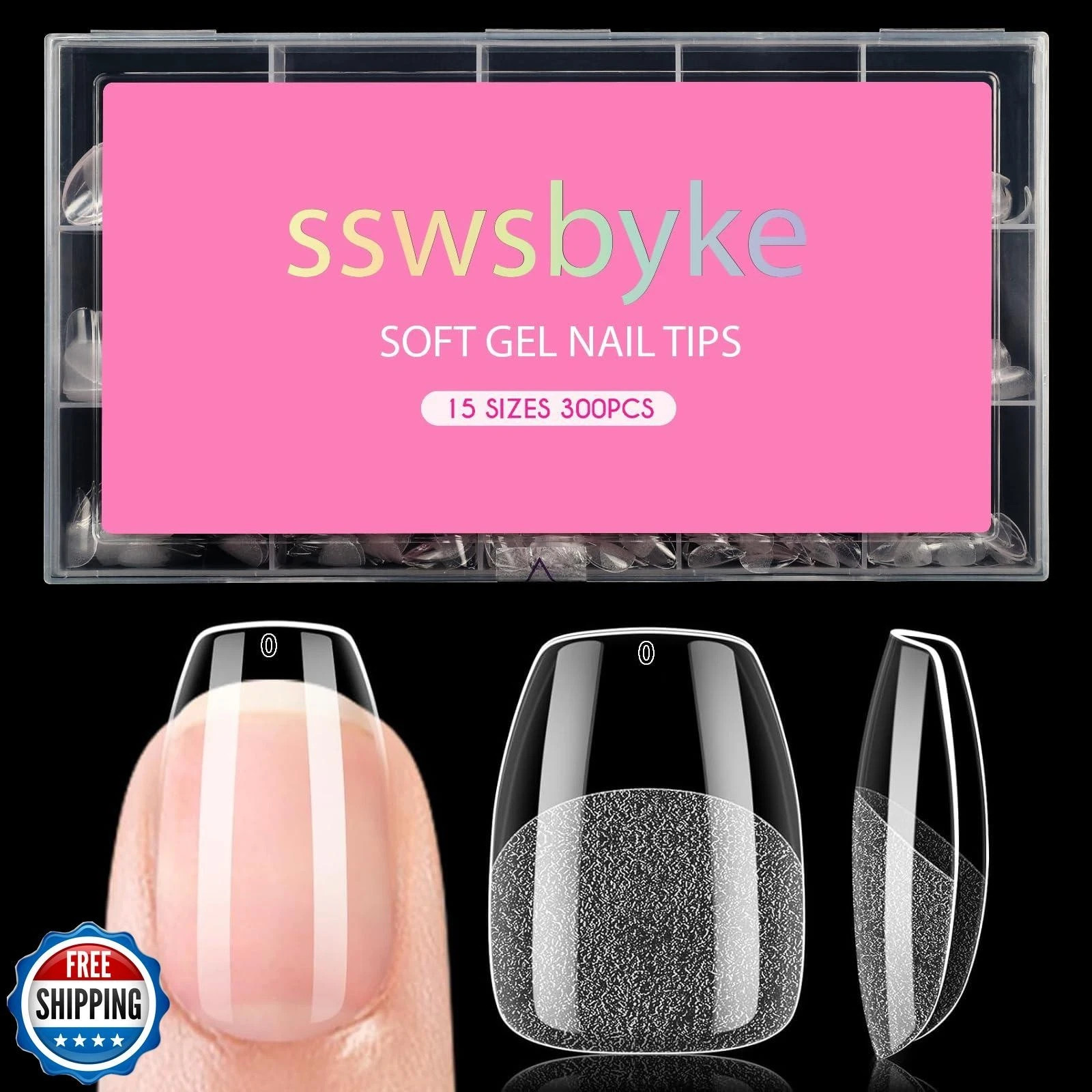 SSWSBYKE Soft Gel Nail Tips Kit for Nail Extensions – 15 Sizes, 300 Pieces
