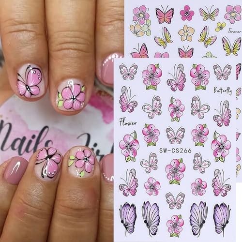 4 Sheets Flowers Butterfly Nail Art Stickers 3D Self Flowers and Butterfly