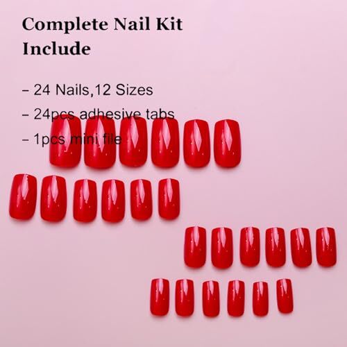 Red Press on Nails Short Square Fake Nails Classic Red Glossy Handmade color-2