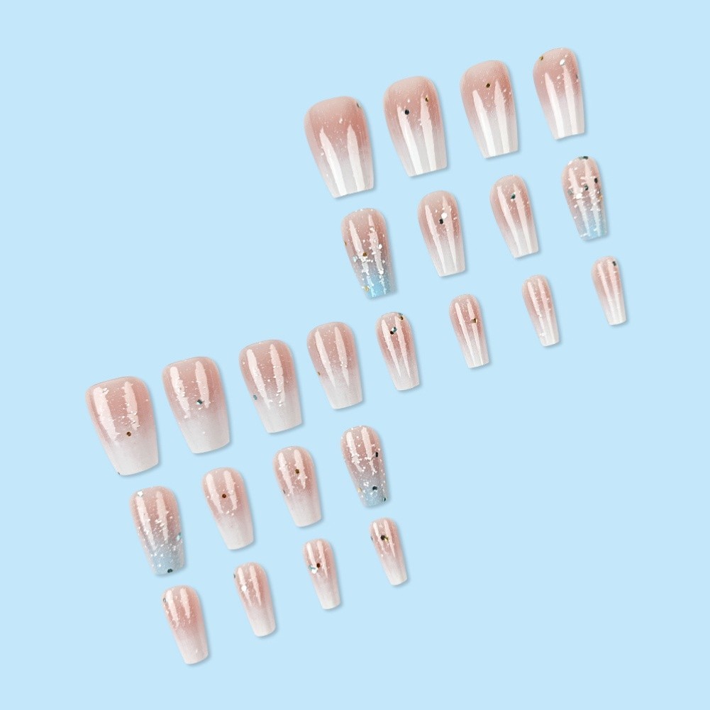 White Blue Ombre Glitter Press On Nails Short Ballet Shape ABS Nail Tips