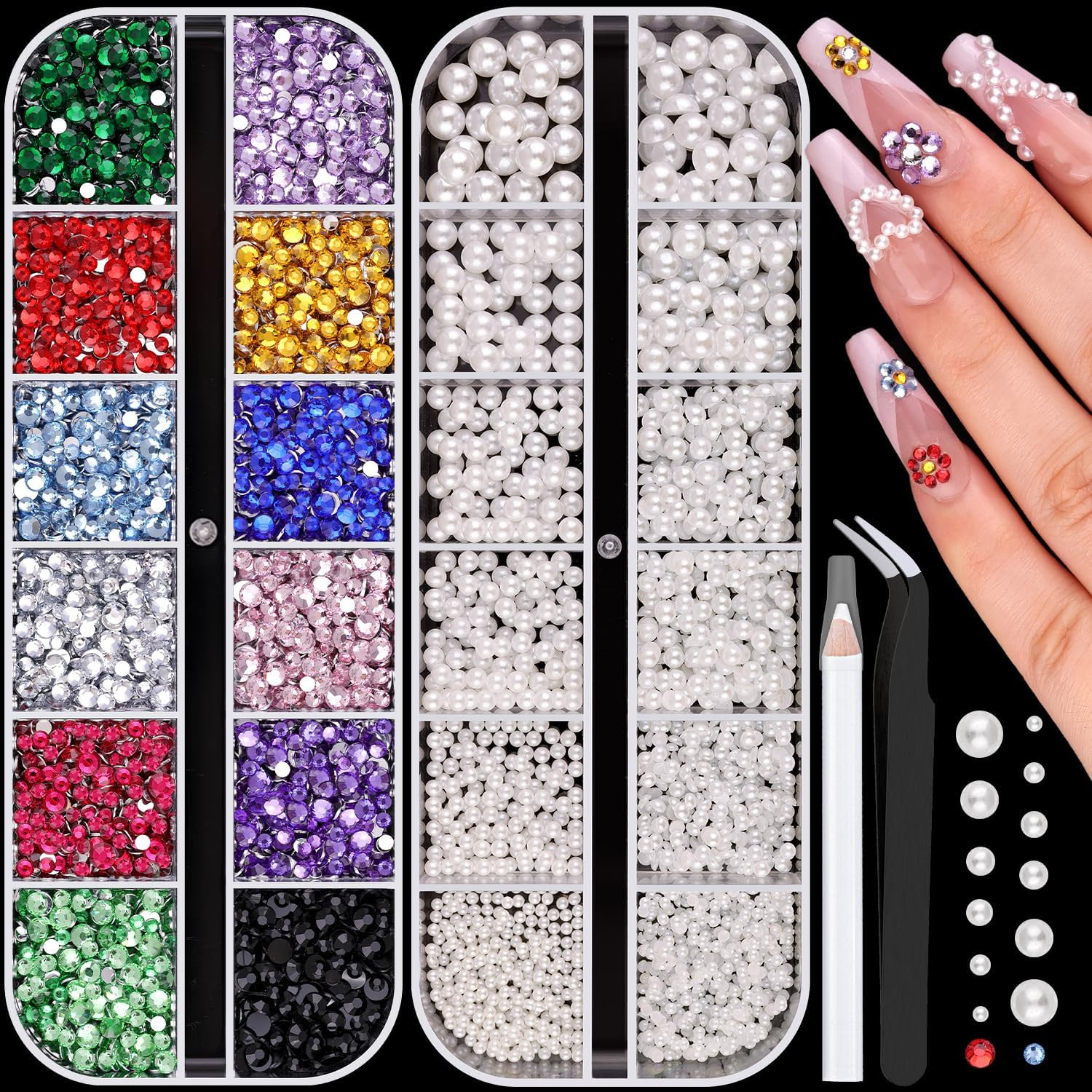 8000Pcs Nail Pearls and Colorful Rhinestones for Nail Art, White Pearl Nail Char