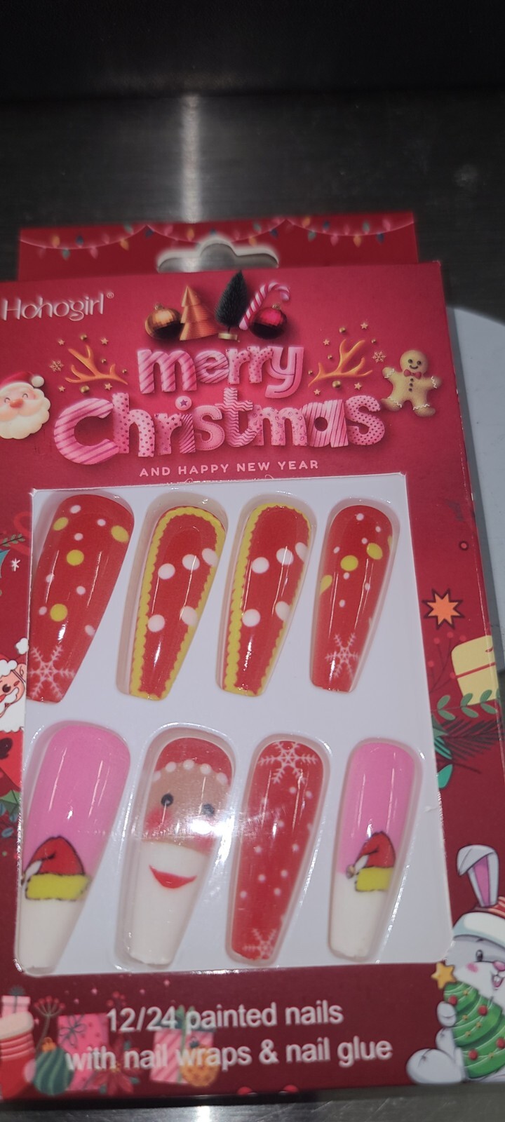 Christmas Press on Nails Medium Coffin Fake Nails with Christmas Tree Design Gli