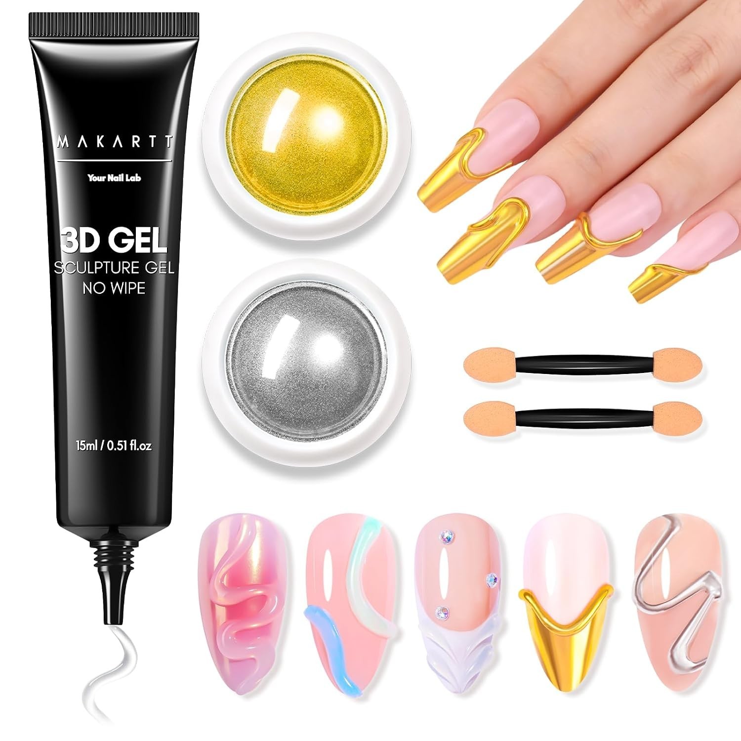 3D Nail Art Kit with Chrome Powder, Sculpting Gel & Eyeshadow Application Sticks