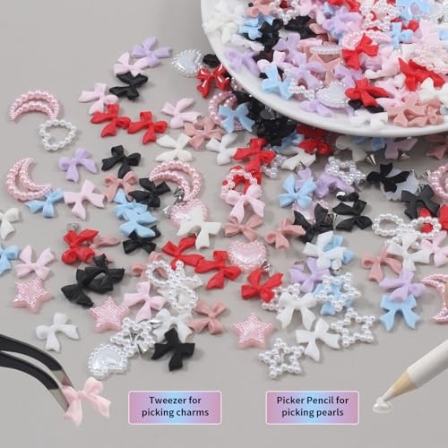 Nail Art Studs Kit, 12 grids 8 Colors 3D Charms and Pink Mix White Star Heart