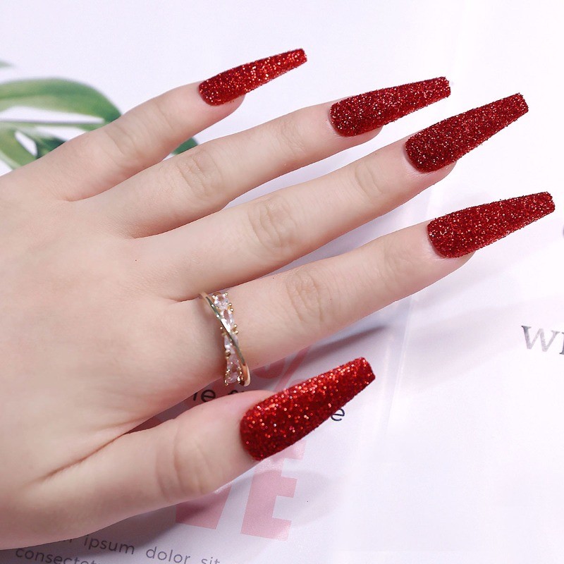 48Pcs-Red Glitter Press on Nails Long Coffin Nail Art Sparkly Solid Color
