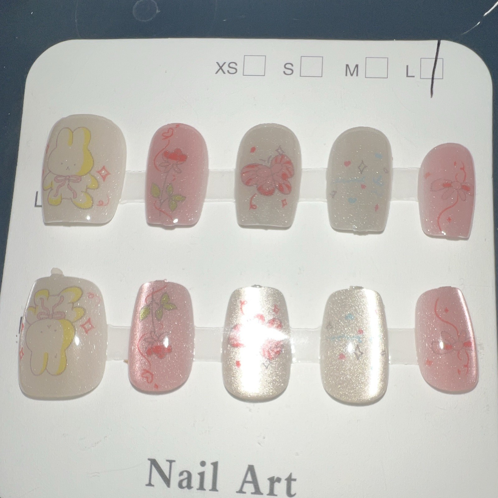 Square Press-On Nails Pre-Designed Shimmer Pink/Beige/White Bunny Floral L
