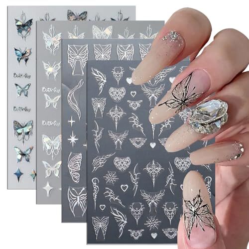 8pcs Metallic Silver Butterfly Nail Stickers 3D Laser Black Butterfly 1