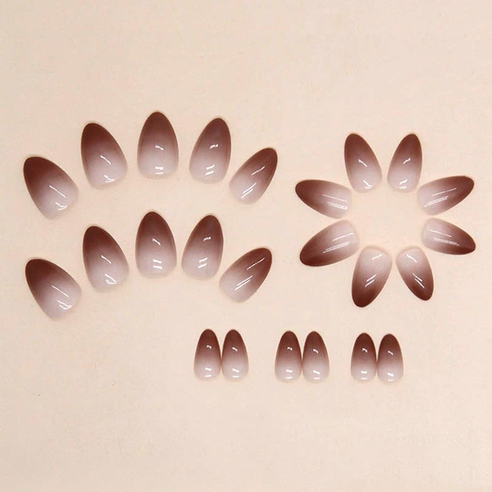 24Pcs Brown Press on Nails Short Almond Fake 1 Fl Oz (Pack of 1), 1