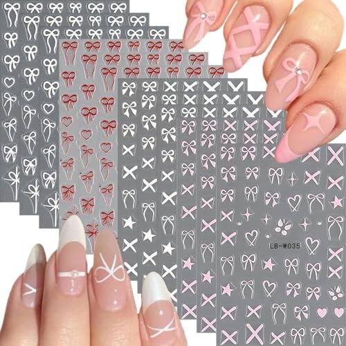 12 Sheets Bow Nail Stickers for Nail Art White Red Pink Bow Pink Red White Bow