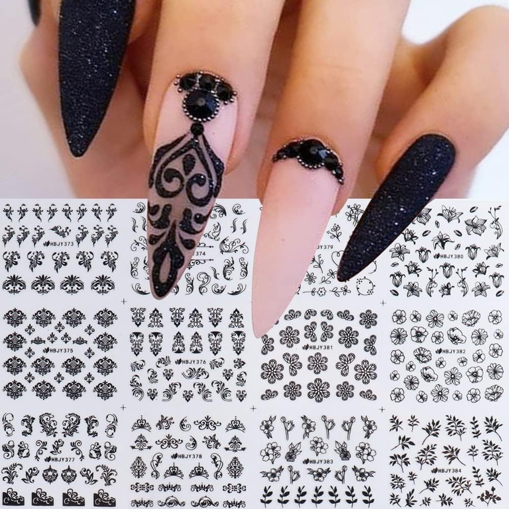 Black Flowers Nail Stickers, Floral Nail Art Decal 3D Self-Adhesive Lace Retr…