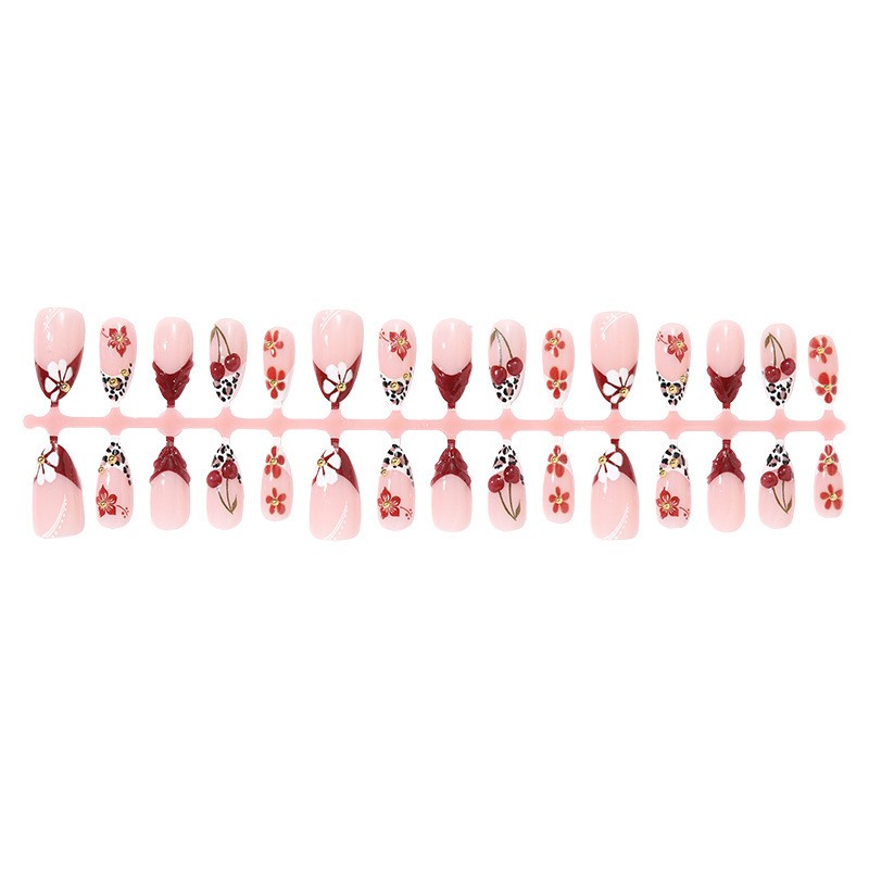 60pcs Short Almond Press on Nails, Wine Leopard 3D Cherry Red Floral Nails