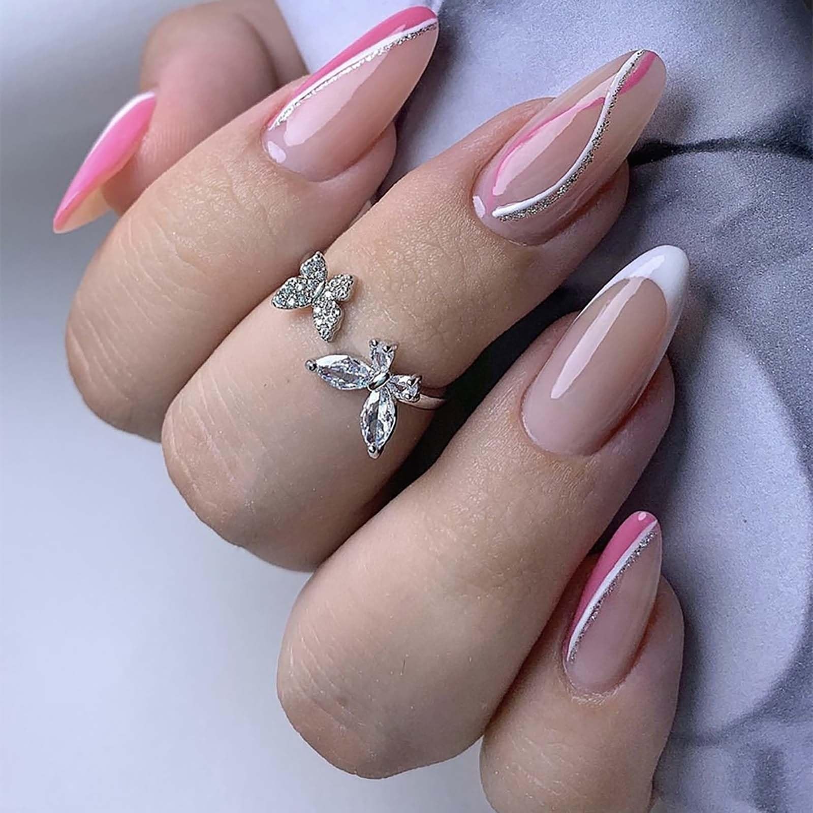 24Pcs French Tip Press on Nails Medium Almond Fake Nails White Silver Curve F…