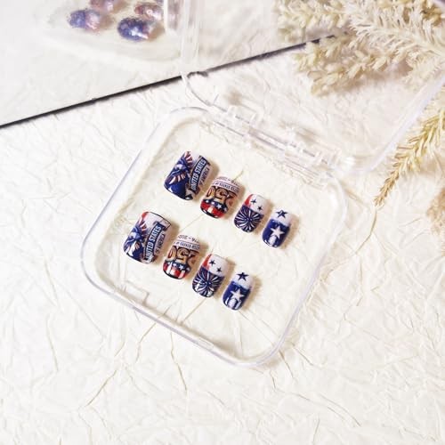 24Pcs 4th of July Press on Nails,Short Square Fake Nails Red White and Blue A43