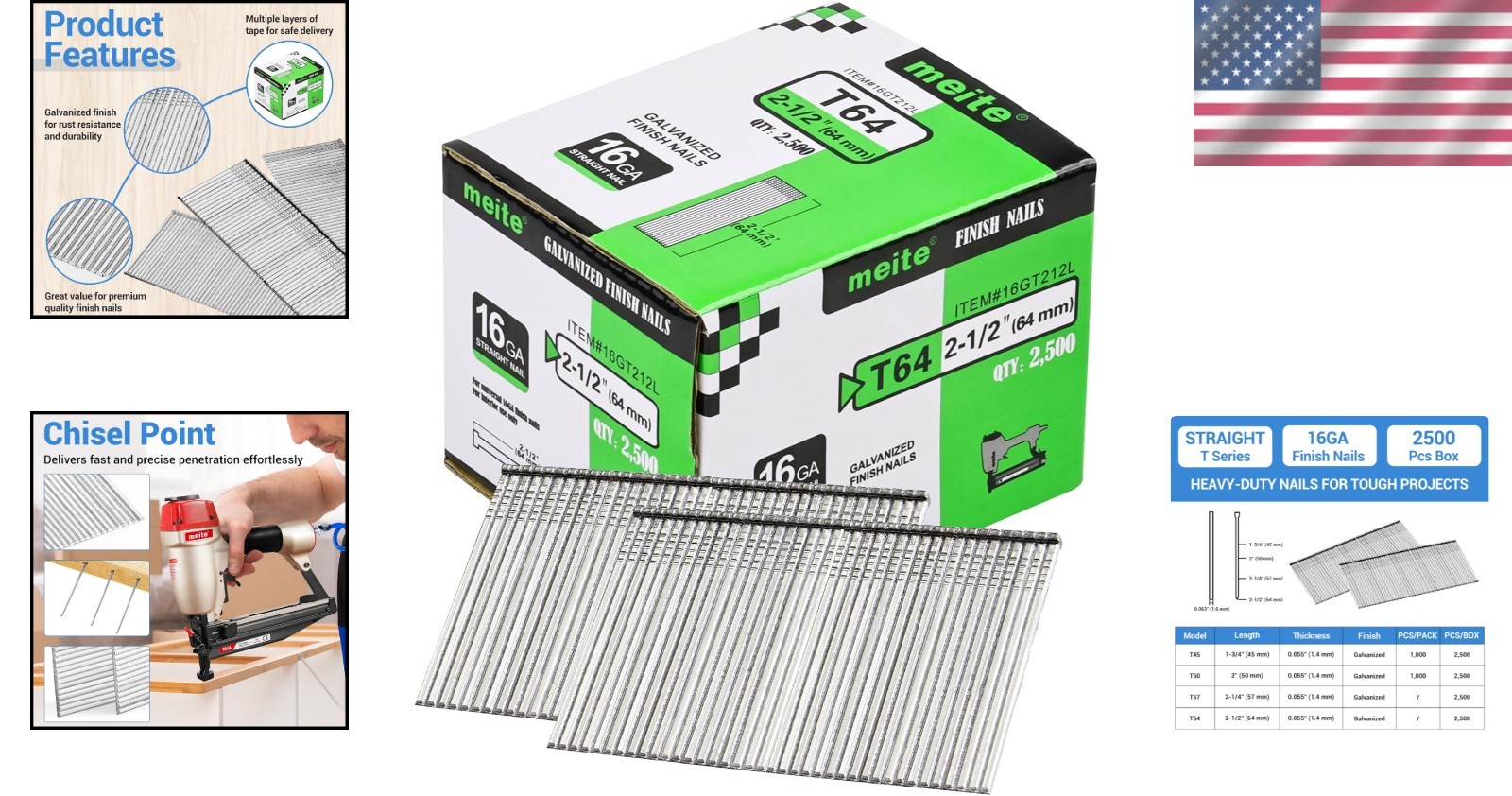 Durable 2-1/2 Inch Galvanized 16 Gauge Straight Finish Nails, Box of 2500 PCS